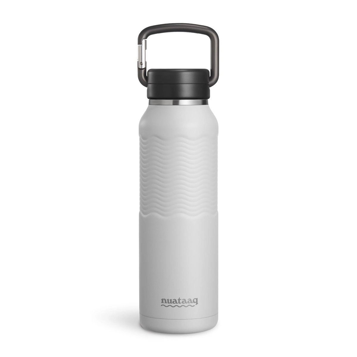 Nuataaq Carabiner Bottle in mist gray featuring a patent pending forged aluminum carabiner lid and a patent pending textured Waveform Grip, standing up on a white background