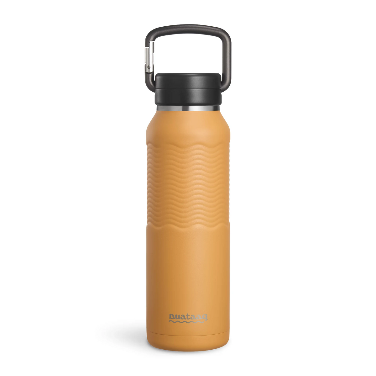 Nuataaq Carabiner Bottle in goldenrod yellow featuring a patent pending forged aluminum carabiner lid and a patent pending textured Waveform Grip, standing up on a white background