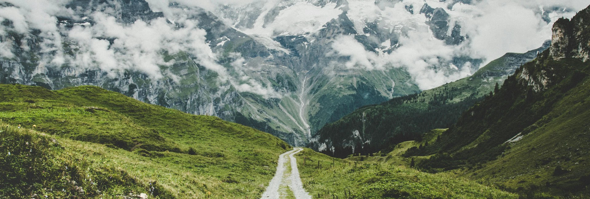 Long road stretching through a beautiful green and lush mountainous valley