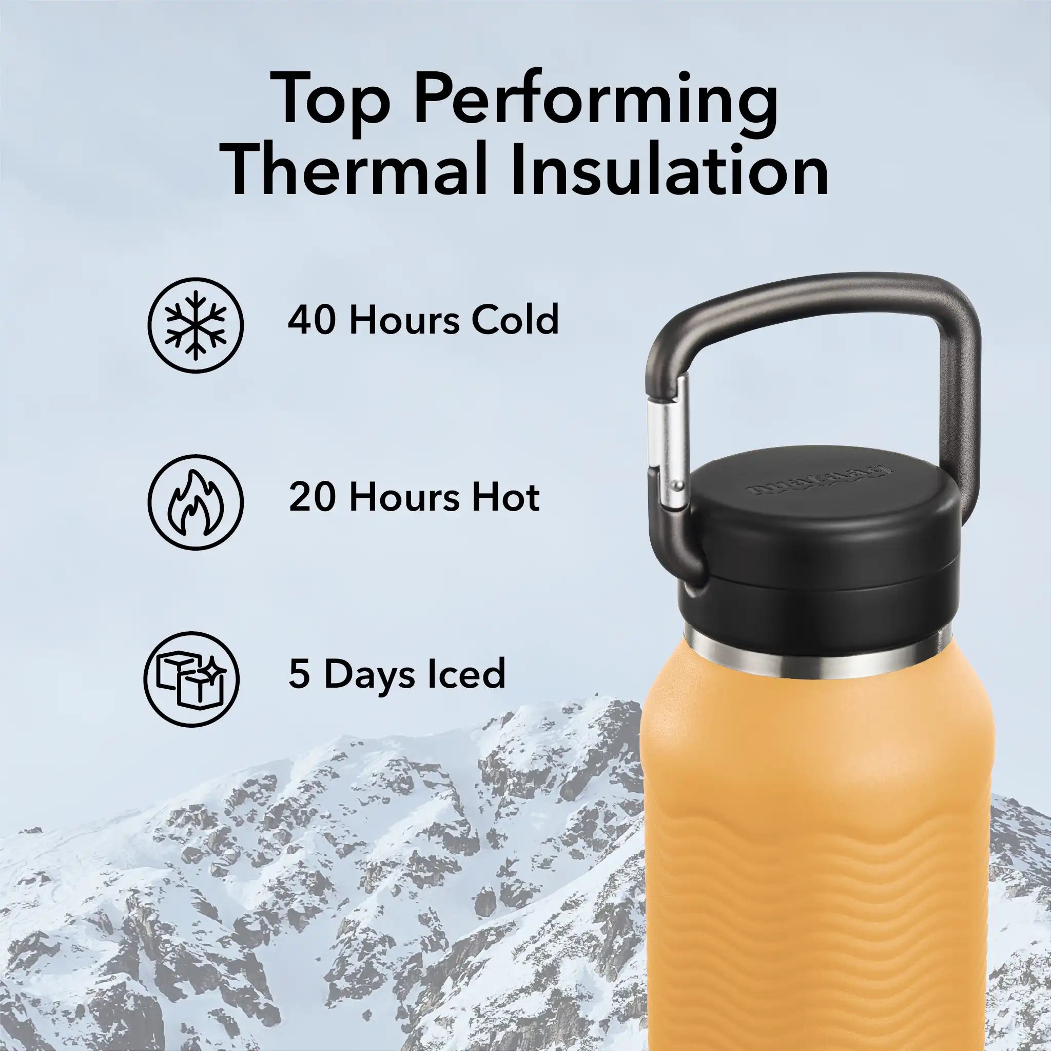 Goldenrod carabiner bottle showing the best performing water bottle insulation on the planet