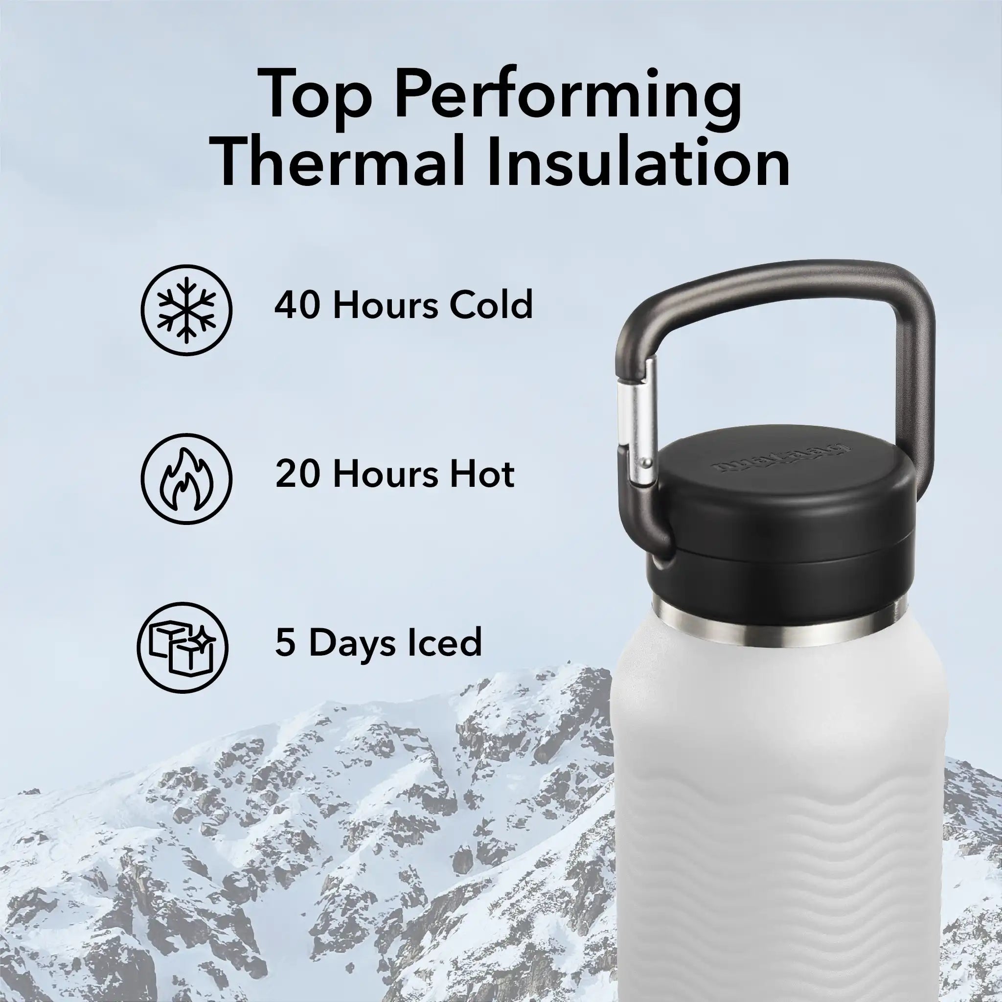 Mist gray carabiner bottle showing the best performing water bottle insulation on the planet