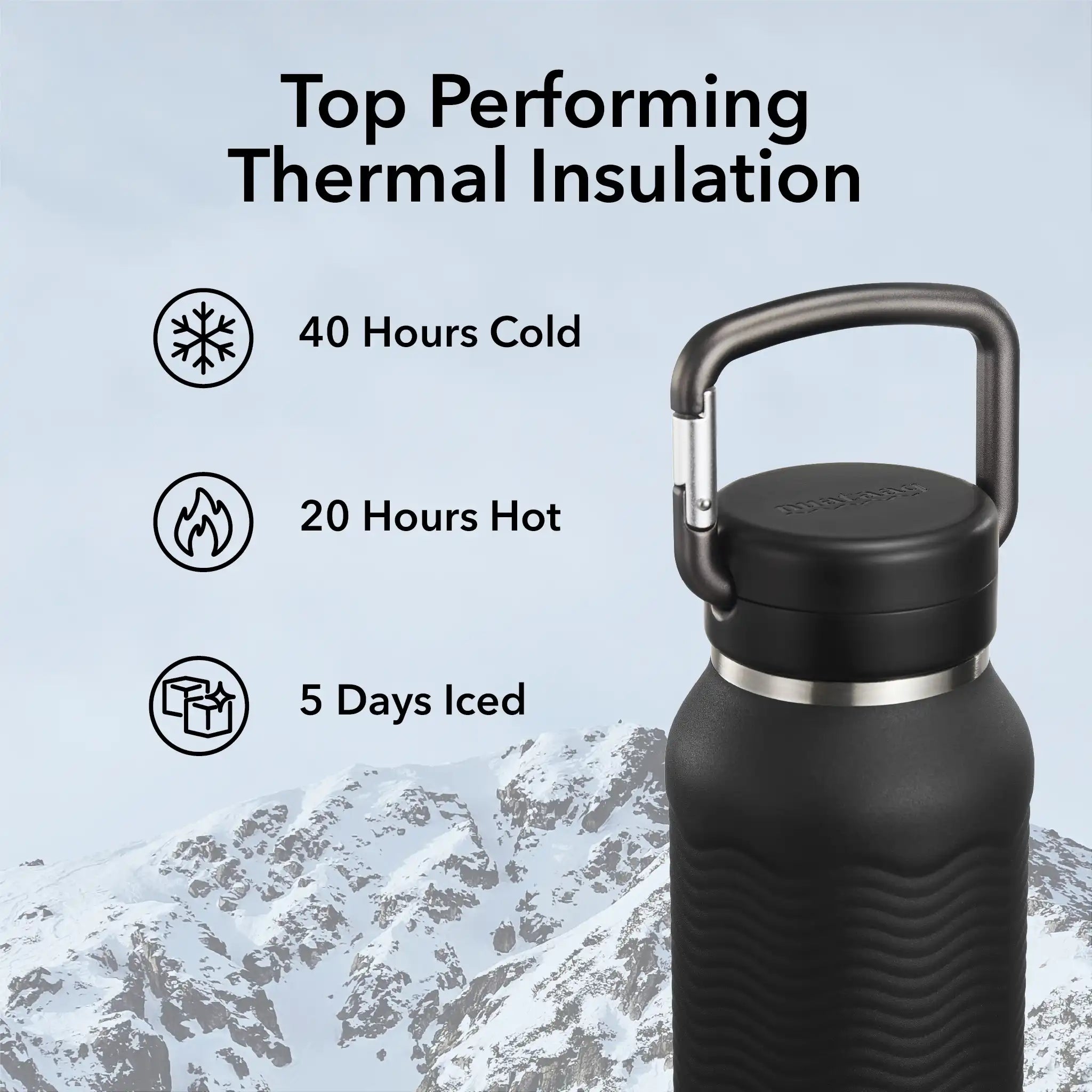 Obsidian carabiner bottle showing the best performing water bottle insulation on the planet