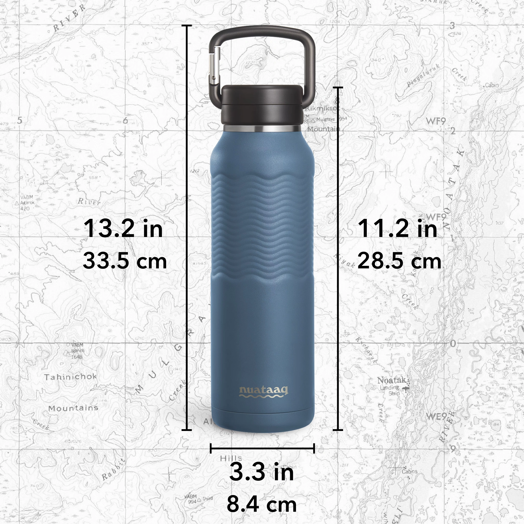 Lake blue Nuataaq Carabiner Bottle with measurements labeled: 13.2 inches tall with carabiner, 11.2 inches without, and 3.3 inches in diameter