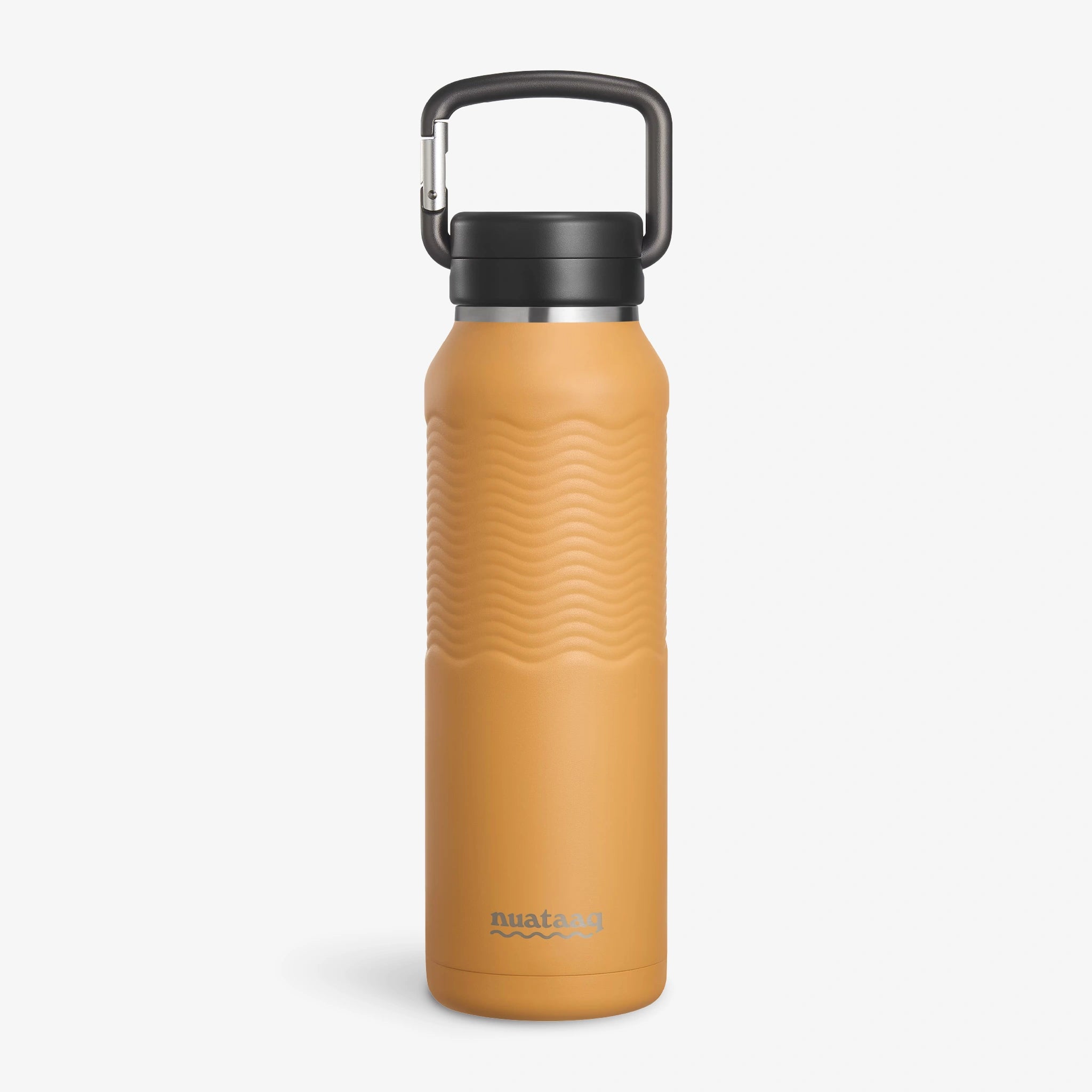 Nuataaq Carabiner Bottle in goldenrod yellow featuring a patent pending forged aluminum carabiner lid and a patent pending textured Waveform Grip, standing up on a white background