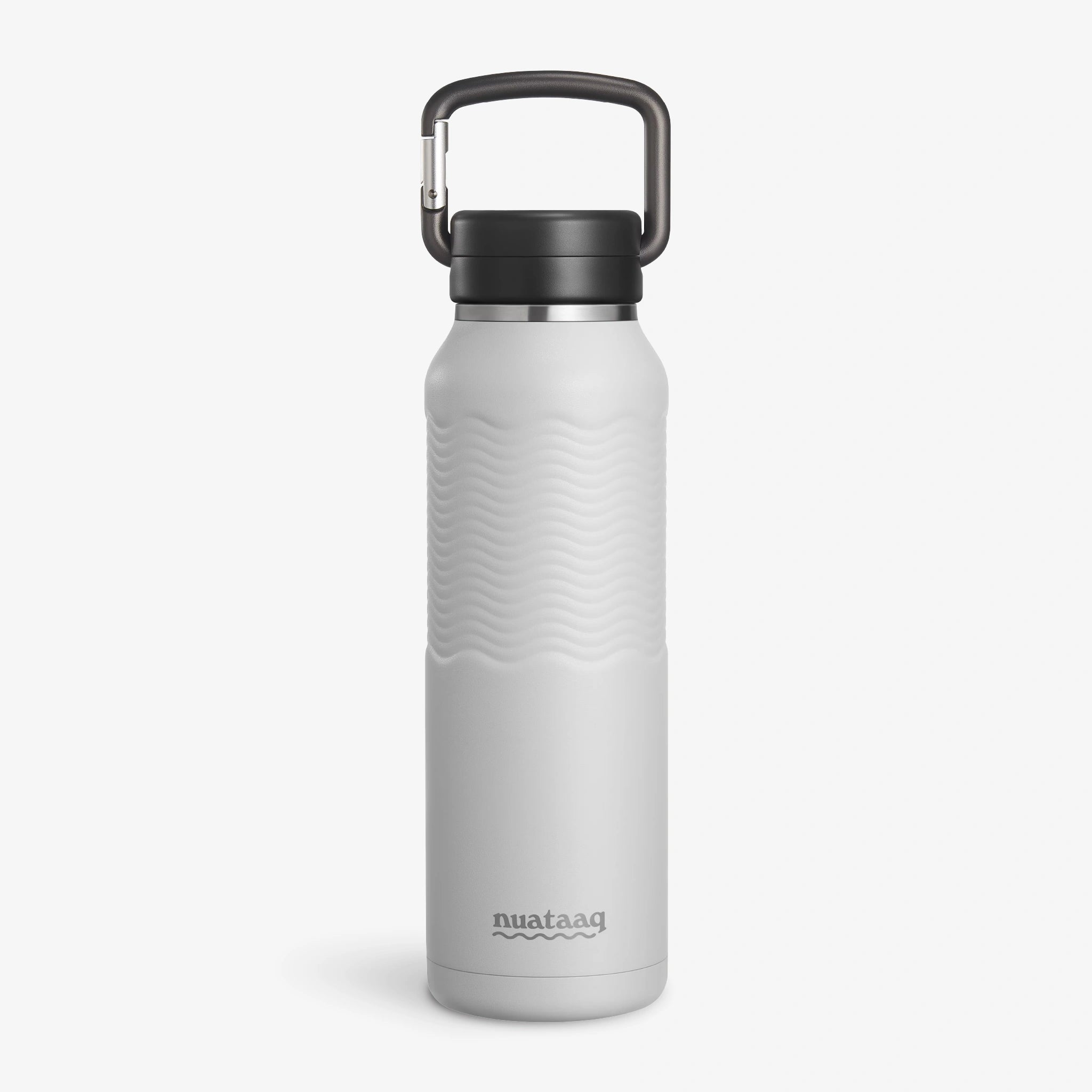 Nuataaq Carabiner Bottle in mist gray featuring a patent pending forged aluminum carabiner lid and a patent pending textured Waveform Grip, standing up on a white background