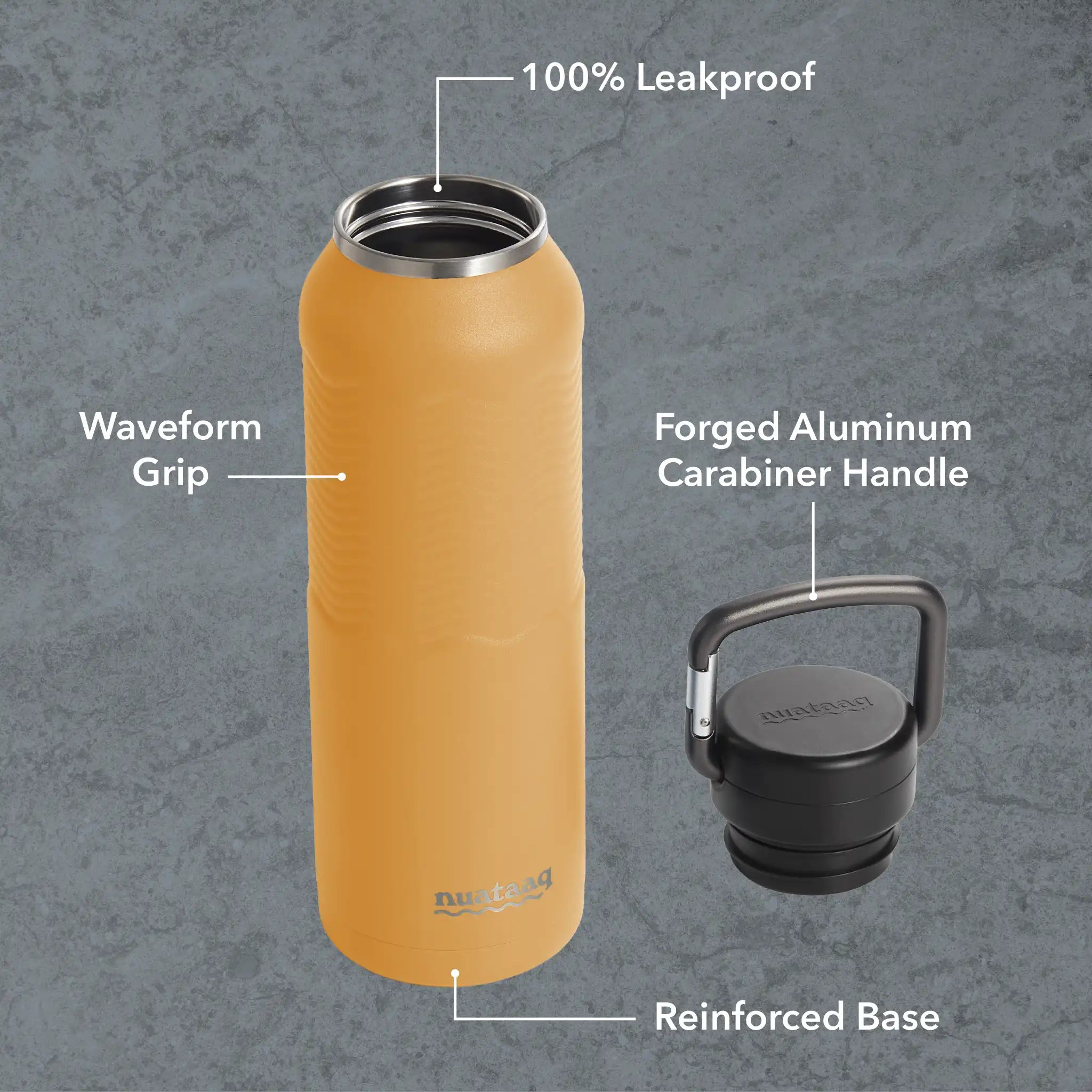 Key features of the goldenrod nuataaq carabiner bottle: waveform grip, forged aluminum carabiner handle