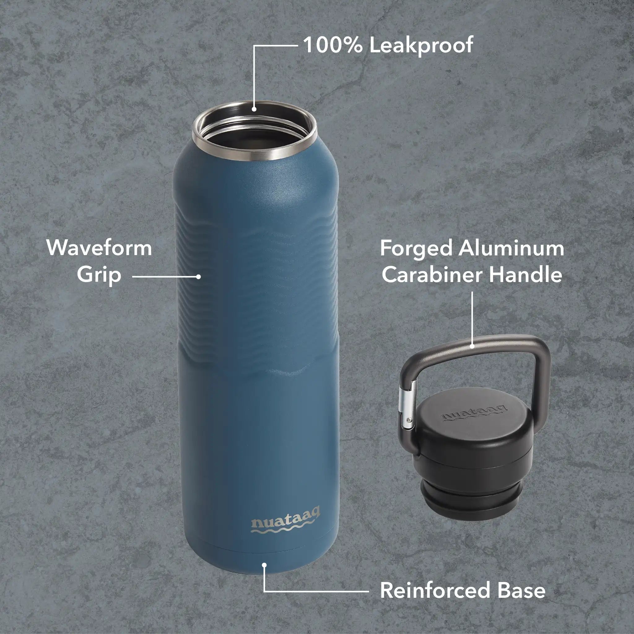 Key features of the lake blue nuataaq carabiner bottle: waveform grip, forged aluminum carabiner handle