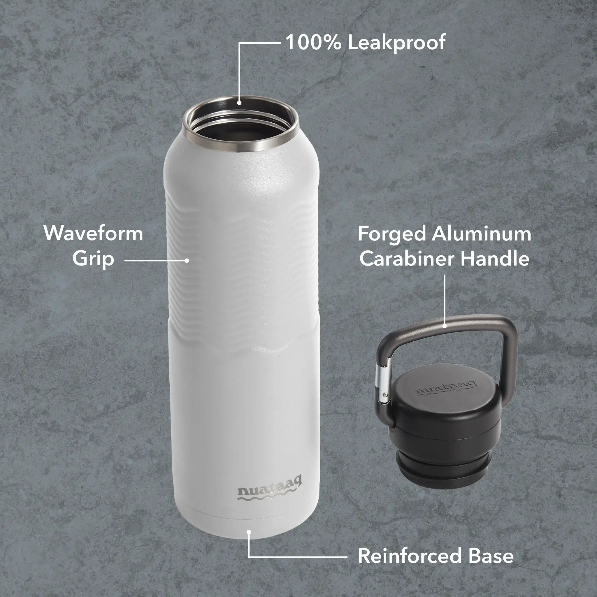 Key features of the mist gray nuataaq carabiner bottle: waveform grip, forged aluminum carabiner handle