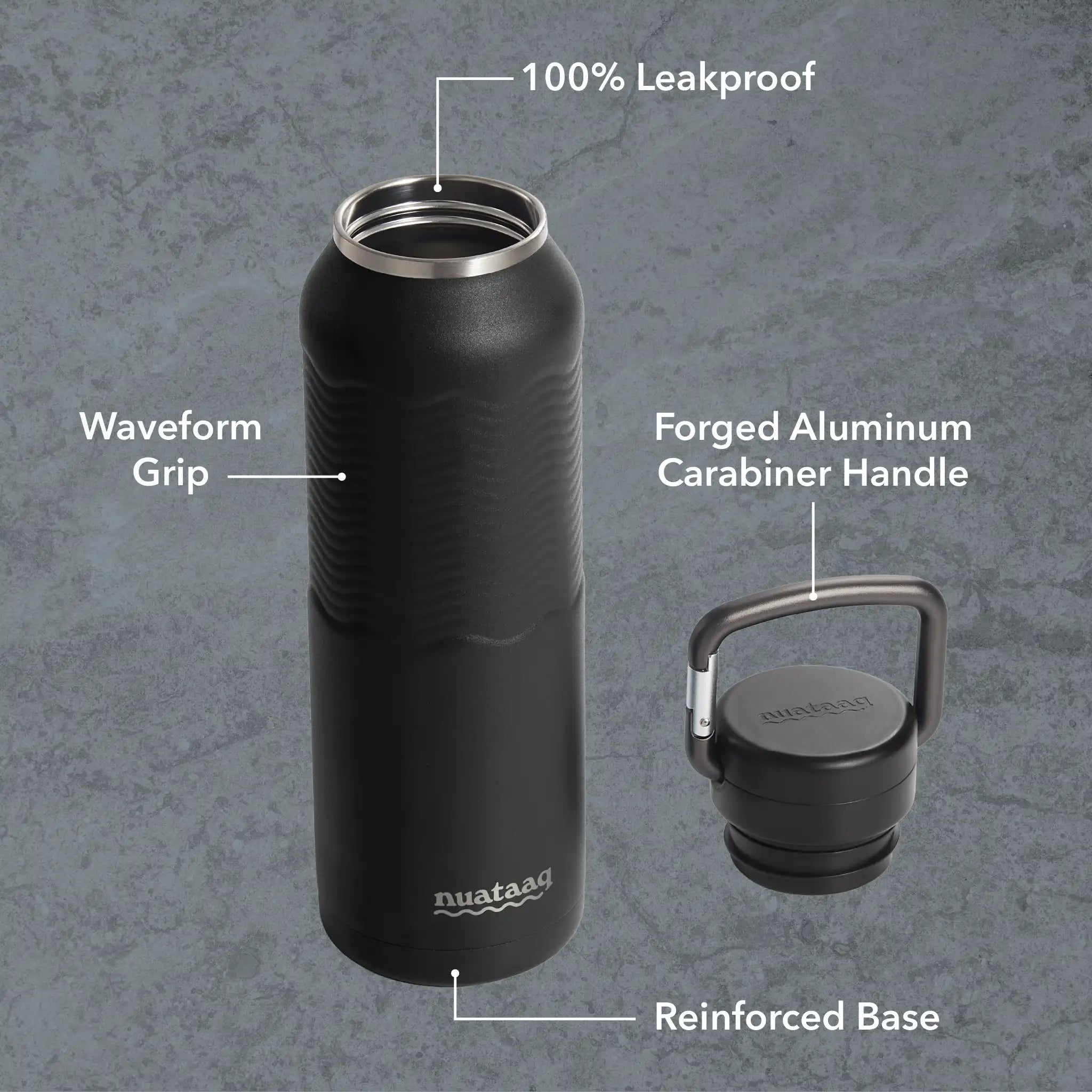 Key features of the obsidian nuataaq carabiner bottle: waveform grip, forged aluminum carabiner handle