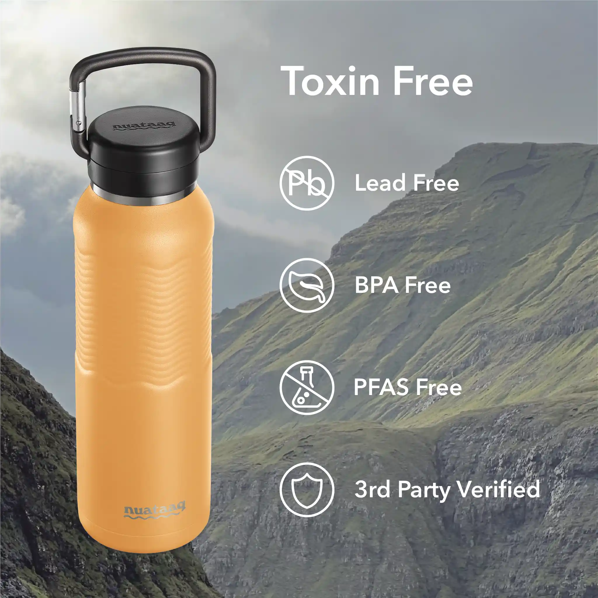 goldenrod carabiner bottle with symbols demonstrating that it is lead free, bpa free, pfas free