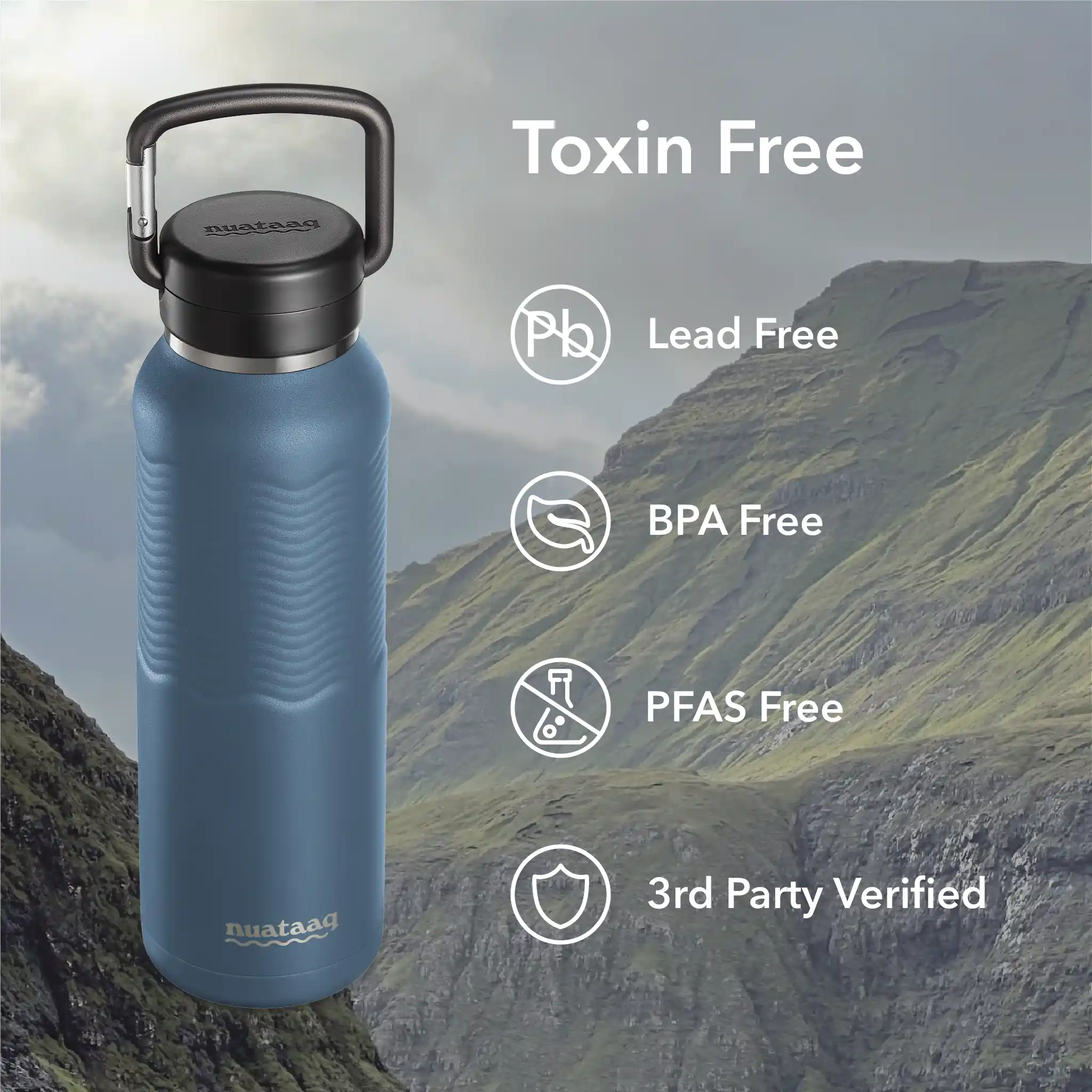 Lake blue carabiner bottle with symbols demonstrating that it is lead free, bpa free, pfas free
