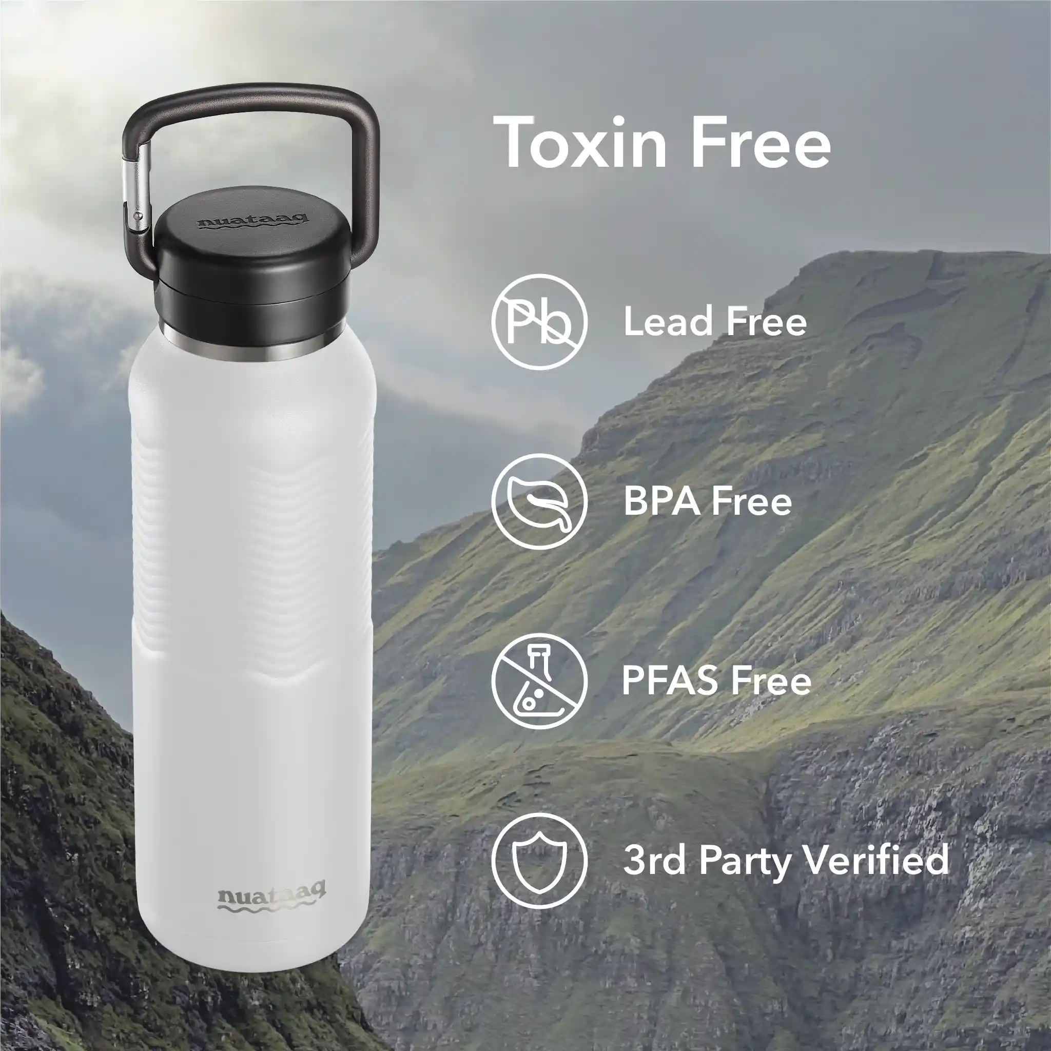 mist gray carabiner bottle with symbols demonstrating that it is lead free, bpa free, pfas free