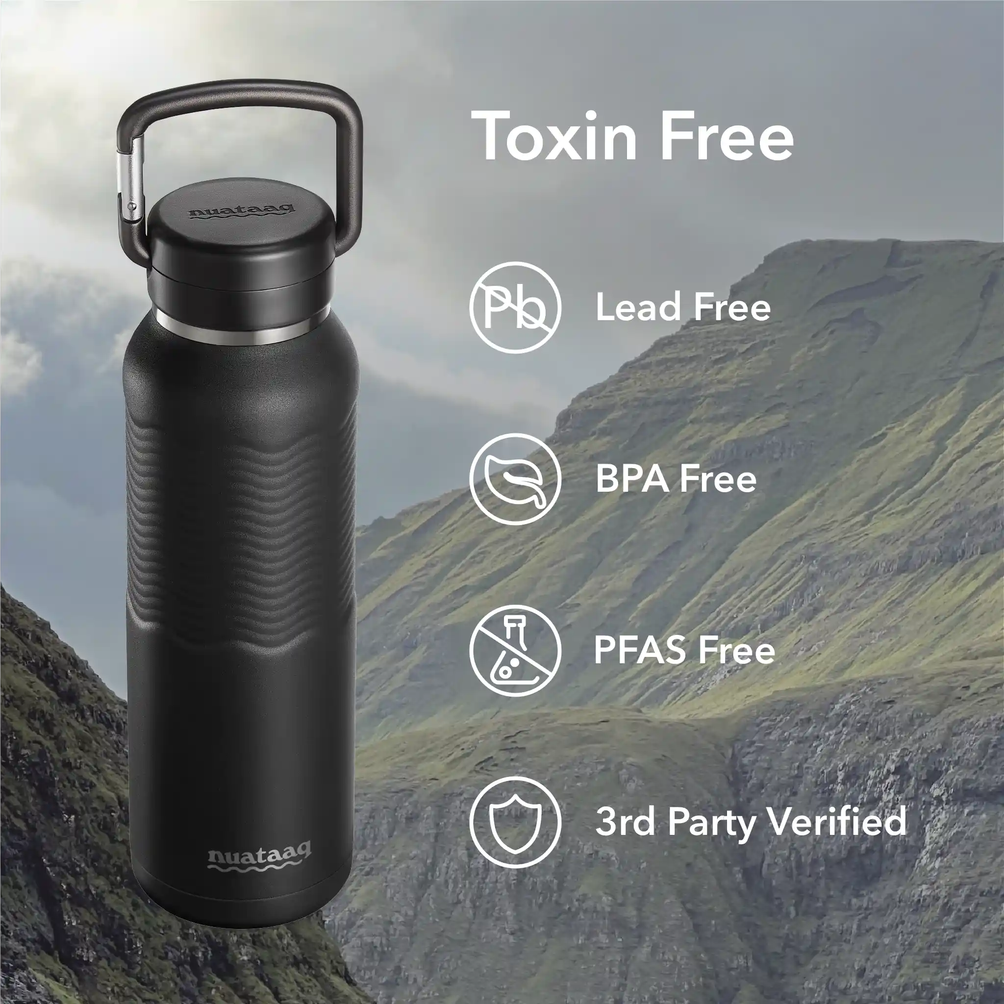 Obsidian carabiner bottle with symbols demonstrating that it is lead free, bpa free, pfas free