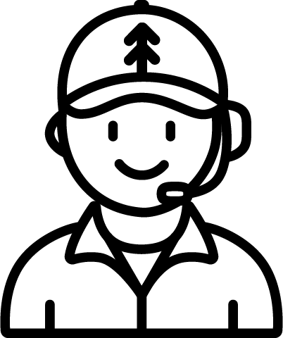 A line art icon of a helpful and friendly customer support person wearing a hat with a tree