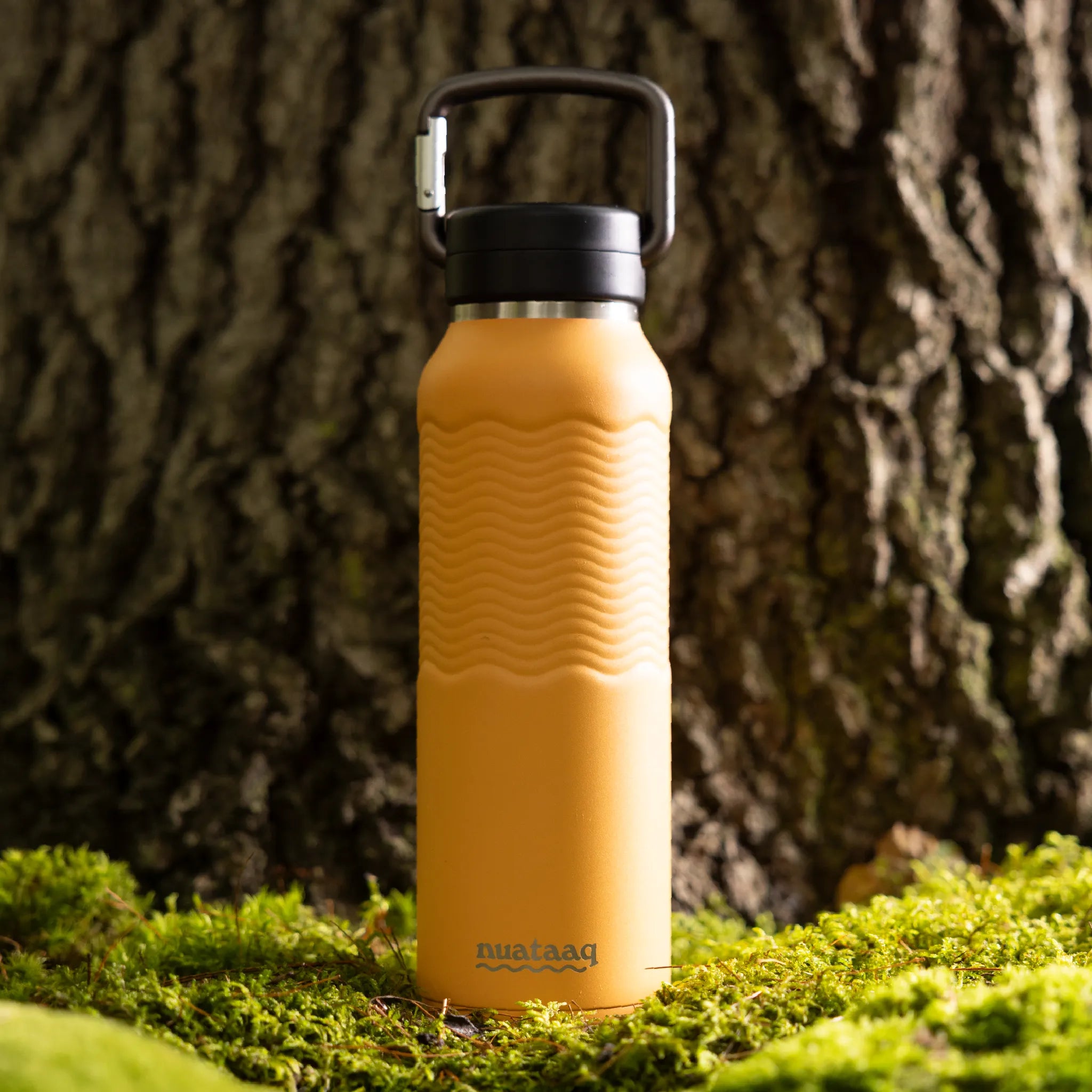 Orange water bottle with black cap on a mossy surface against a tree trunk