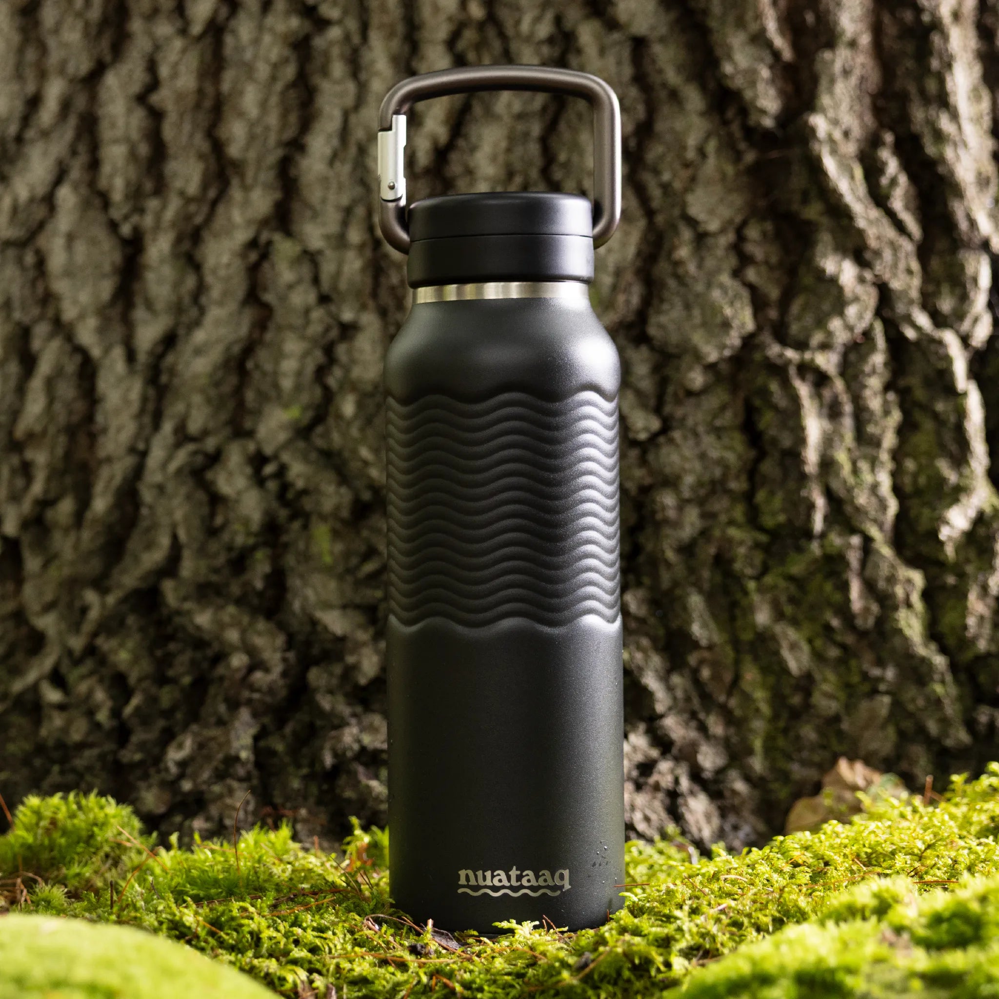 Black insulated water bottle with carabiner against a tree trunk
