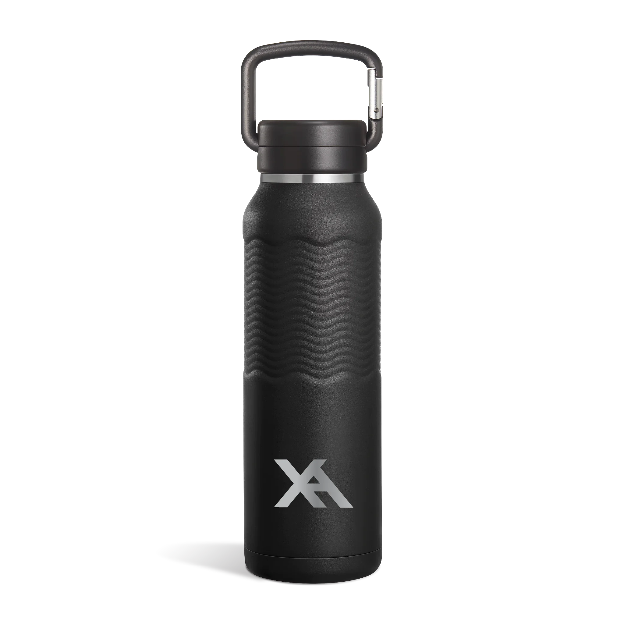 Black water bottle with carabiner on a white background