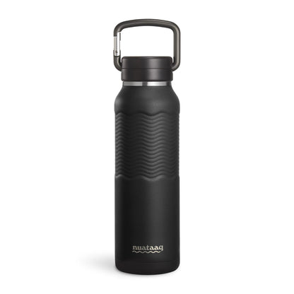 Nuataaq Carabiner Bottle in obsidian black featuring a patent pending forged aluminum carabiner lid and a patent pending textured Waveform Grip, standing up on a white background