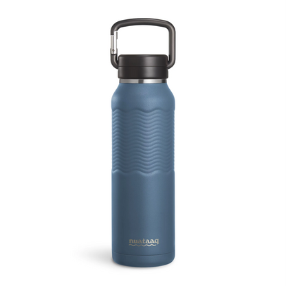 Nuataaq Carabiner Bottle in lake blue featuring a patent pending forged aluminum carabiner lid and a patent pending textured Waveform Grip, standing up on a white background