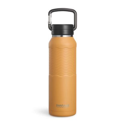 Nuataaq Carabiner Bottle in goldenrod yellow featuring a patent pending forged aluminum carabiner lid and a patent pending textured Waveform Grip, standing up on a white background