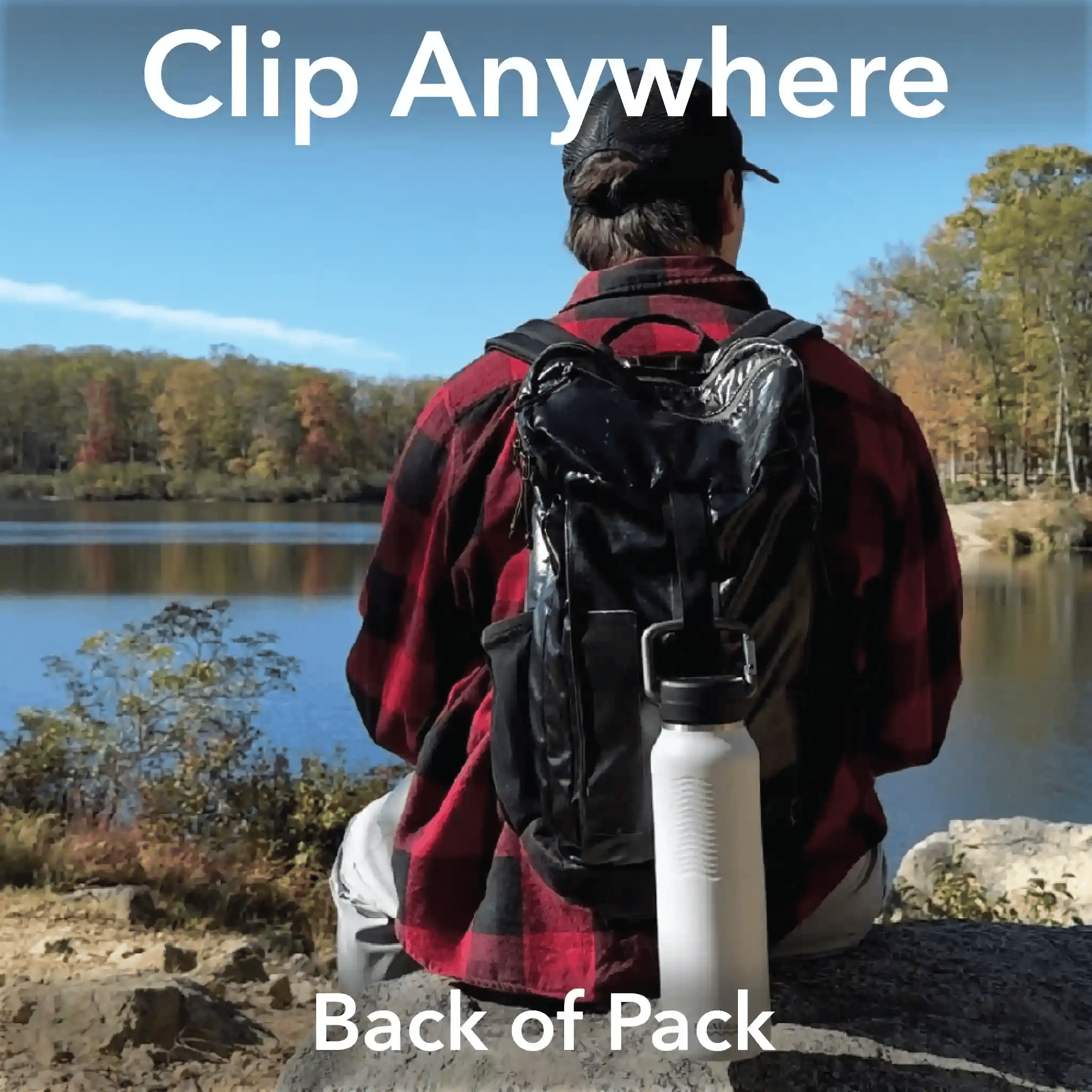 Animation showing the many use cases for the carabiner bottle in lake blue including climbing hiking outdoors 