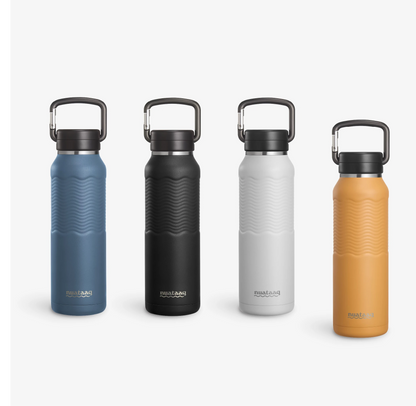 Four Nuataaq Connect™ Carabiner Bottles standing upright in a row, shown with goldenrod at the front then lake blue, obsidian , and mist gray