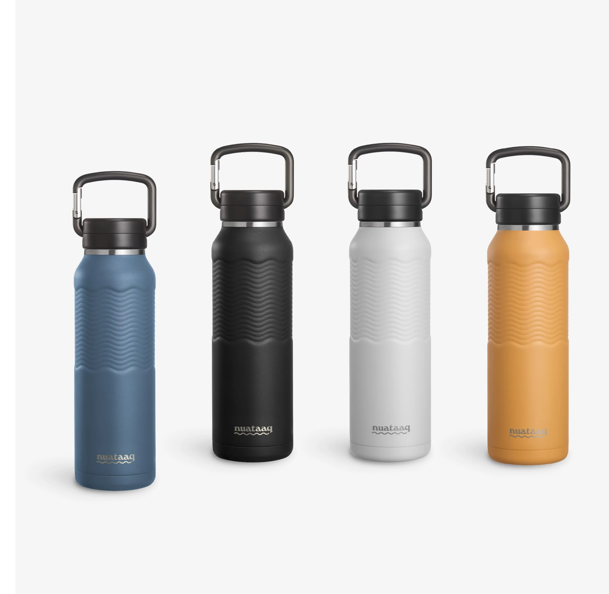 Four Nuataaq Connect™ Carabiner Bottles standing upright in a row, shown with lake blue at the front then obsidian, mist gray, and goldenrod