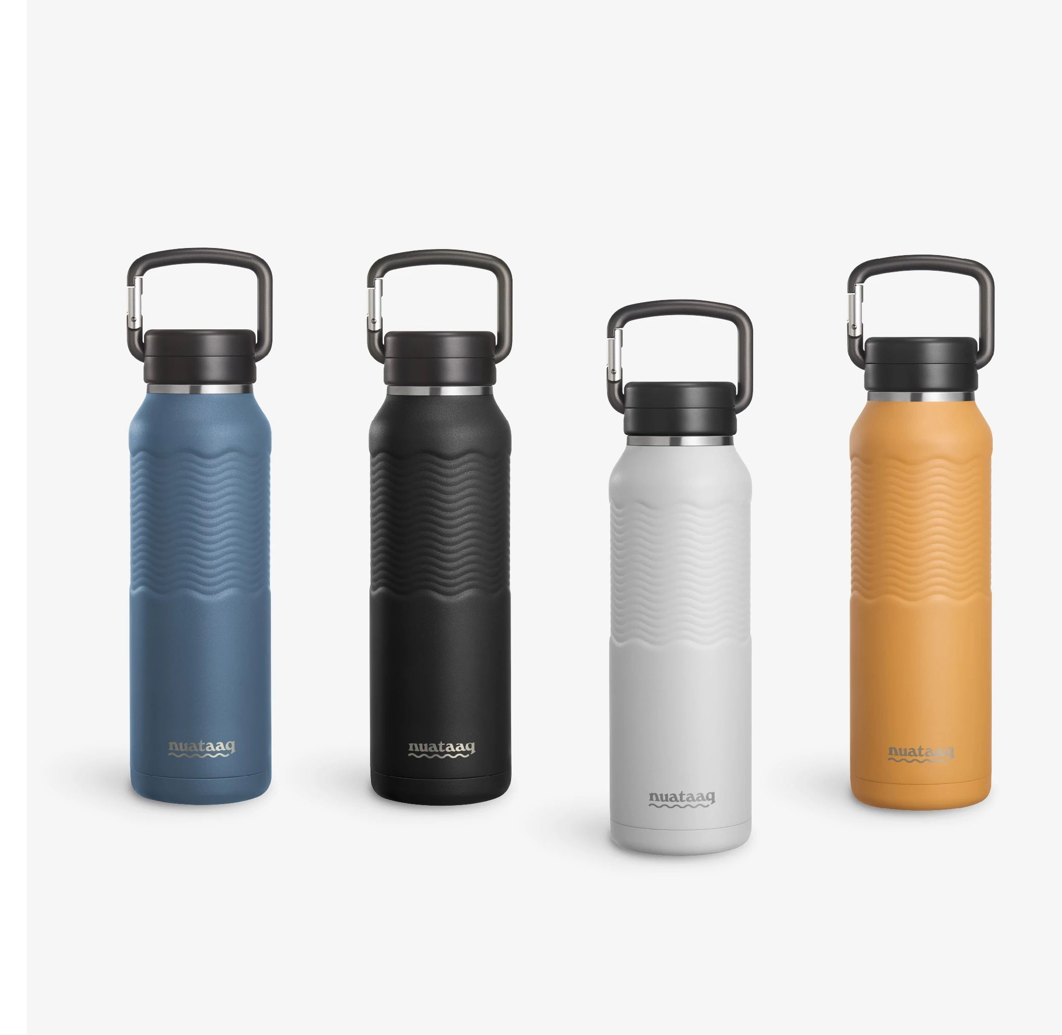 Four Nuataaq Connect™ Carabiner Bottles standing upright in a row, shown with mist gray at the front then lake blue, obsidian, and goldenrod