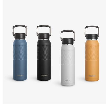 Four Nuataaq Connect™ Carabiner Bottles standing upright in a row, shown with mist gray at the front then lake blue, obsidian, and goldenrod
