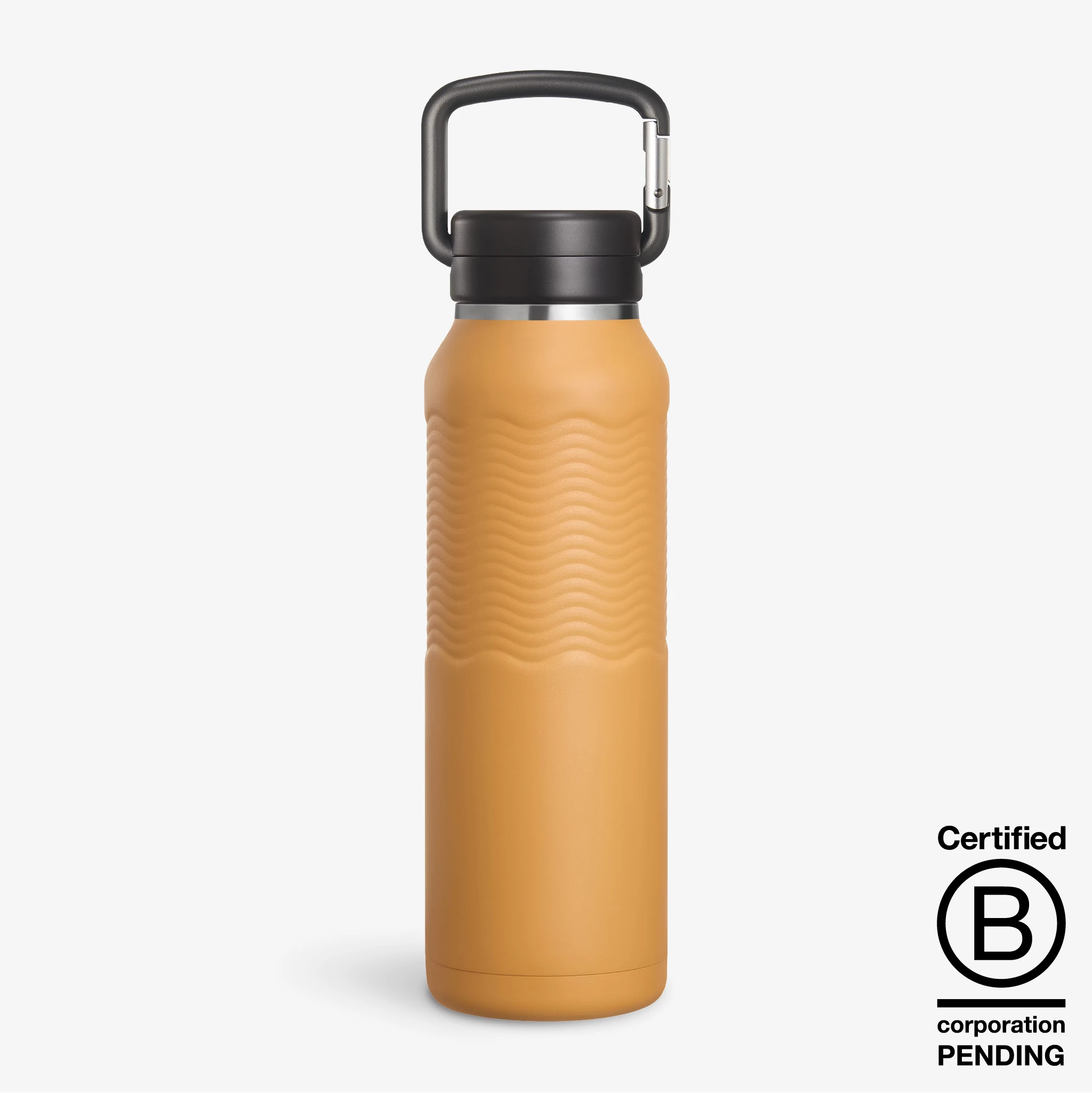 Nuataaq Connect™ Carabiner Bottle in goldenrod yellow next to a certified B Corp Pending badge