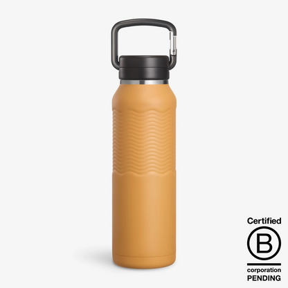 Nuataaq Connect™ Carabiner Bottle in goldenrod yellow next to a certified B Corp Pending badge