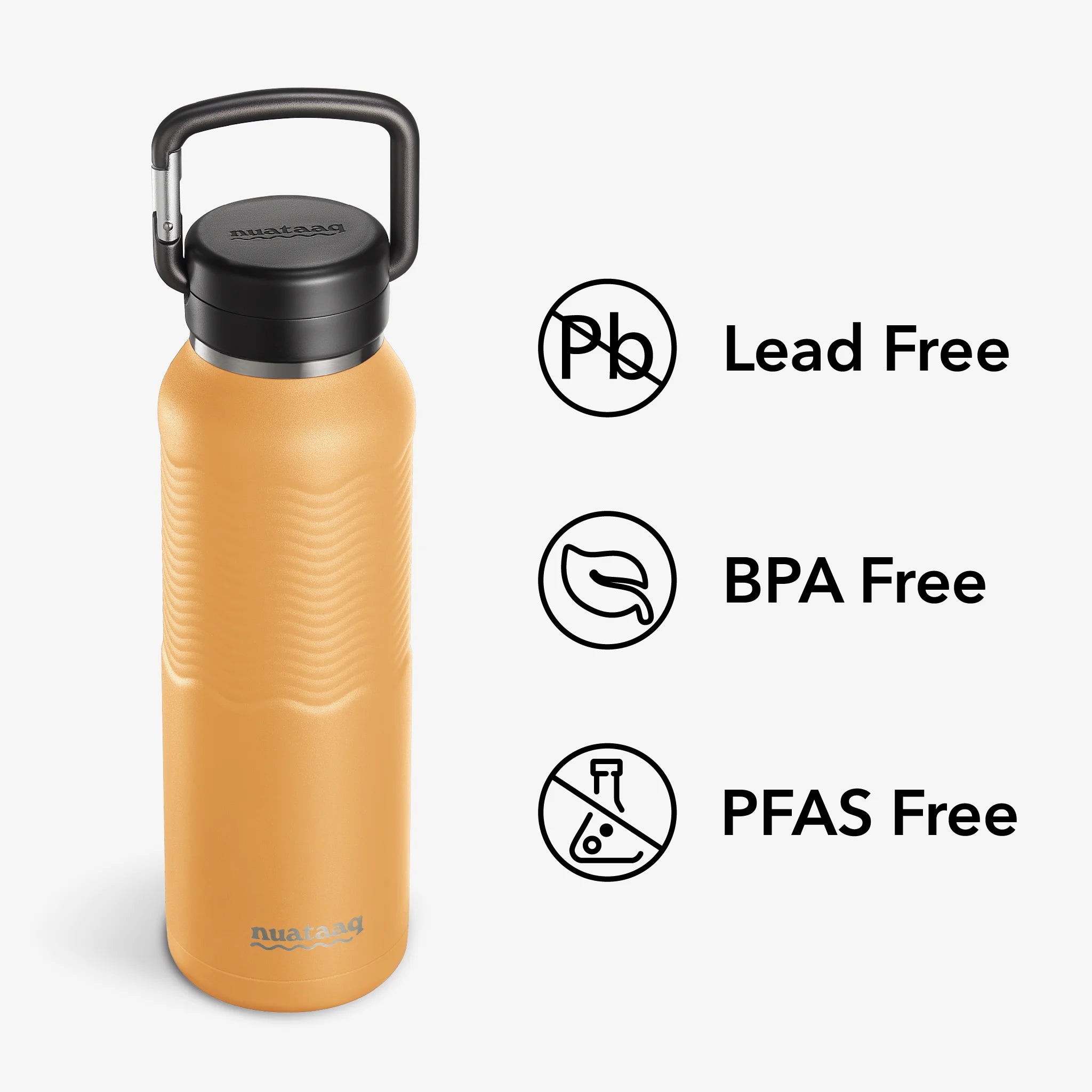 Nuataaq Carabiner Bottle in goldenrod with icons and text showing its verified lead free, BPA free, and PFAS free