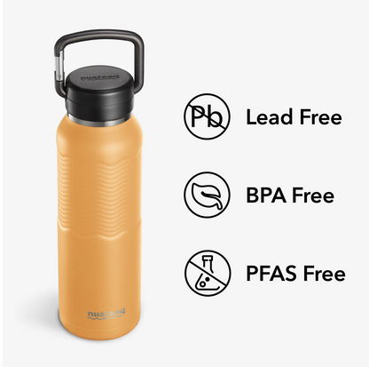 Nuataaq Connect™ Carabiner Bottle in goldenrod with icons and text showing its verified lead free, BPA free, and PFAS free