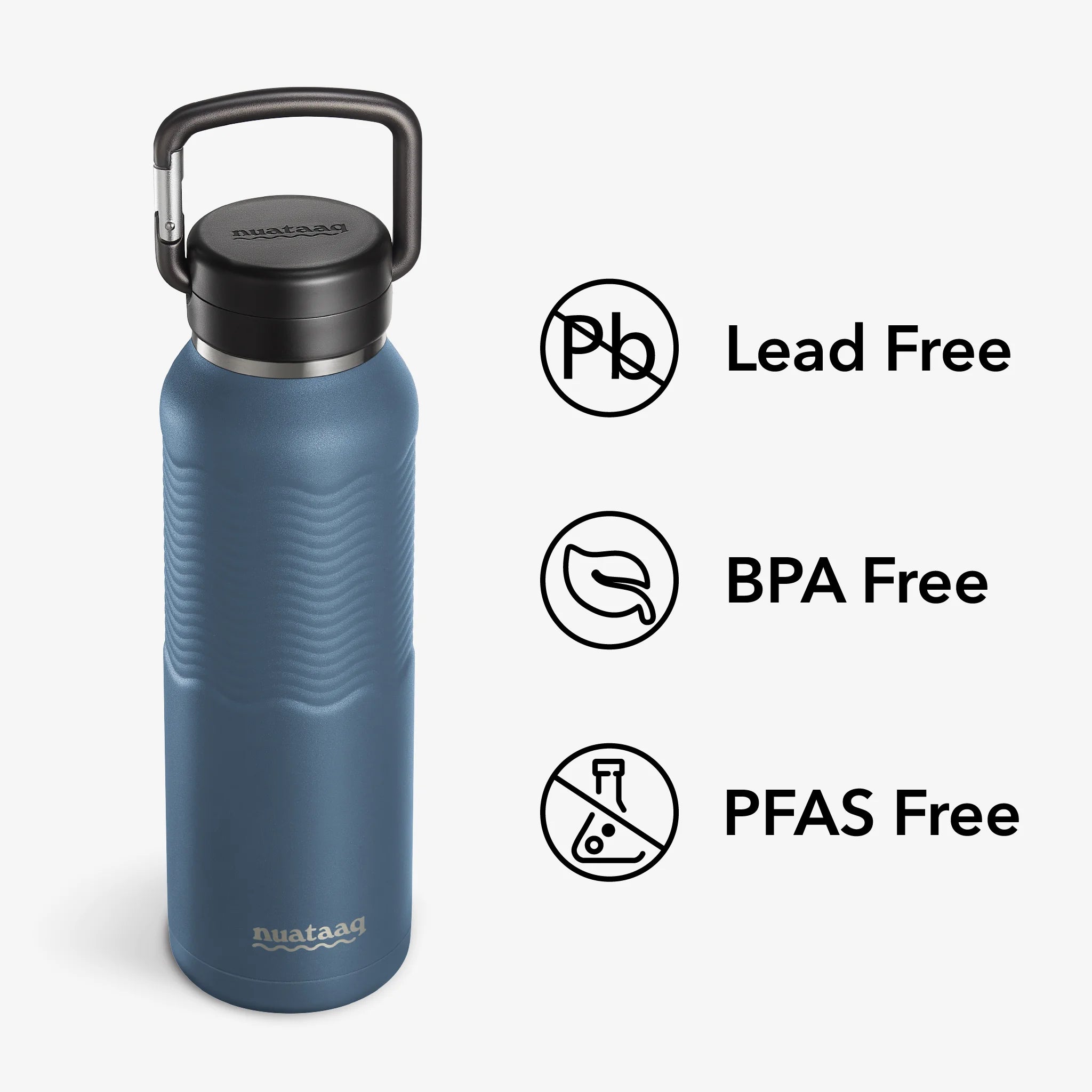 Nuataaq Carabiner Bottle in lake blue with icons and text showing its verified lead free, BPA free, and PFAS free