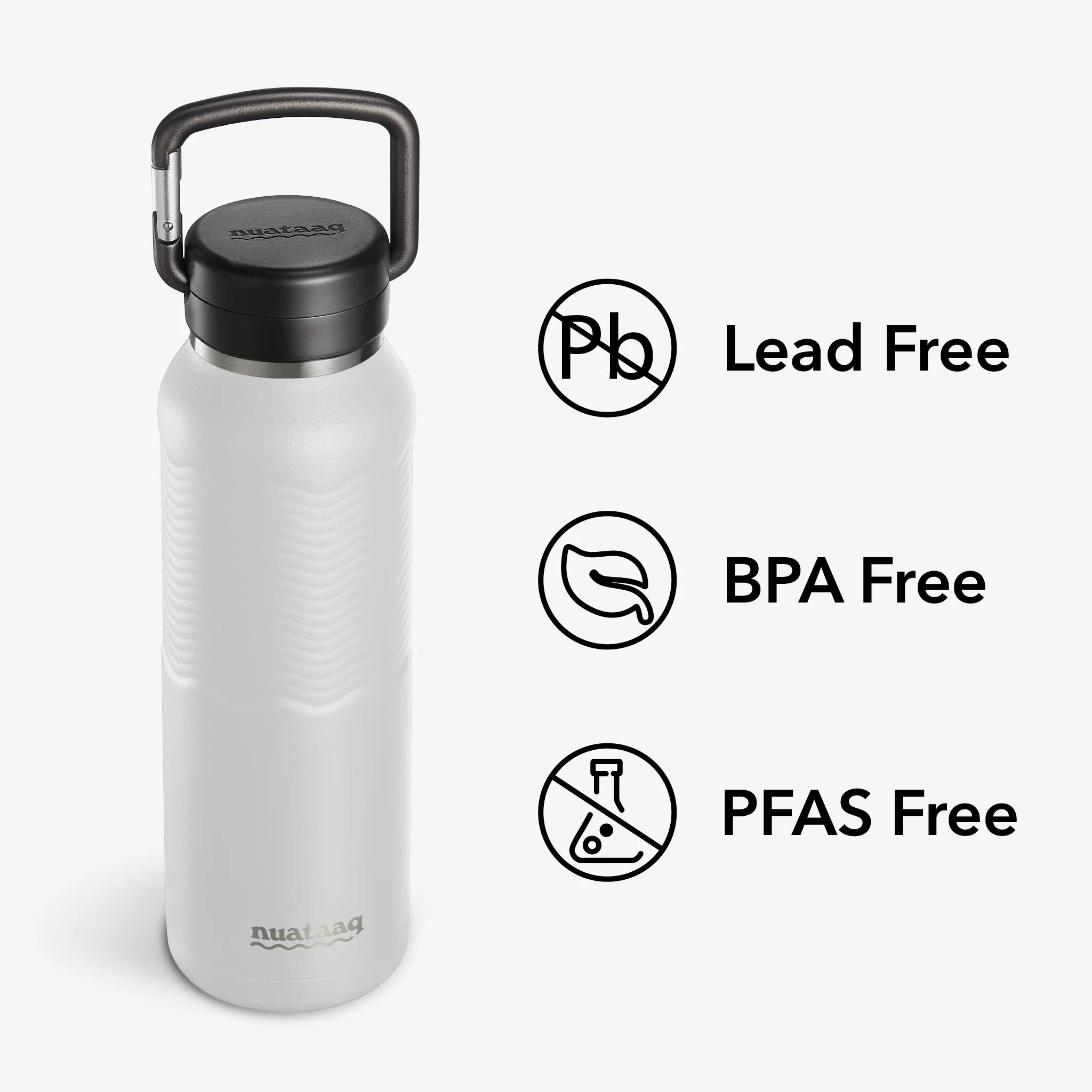 Nuataaq Carabiner Bottle in mist gray with icons and text showing its verified lead free, BPA free, and PFAS free