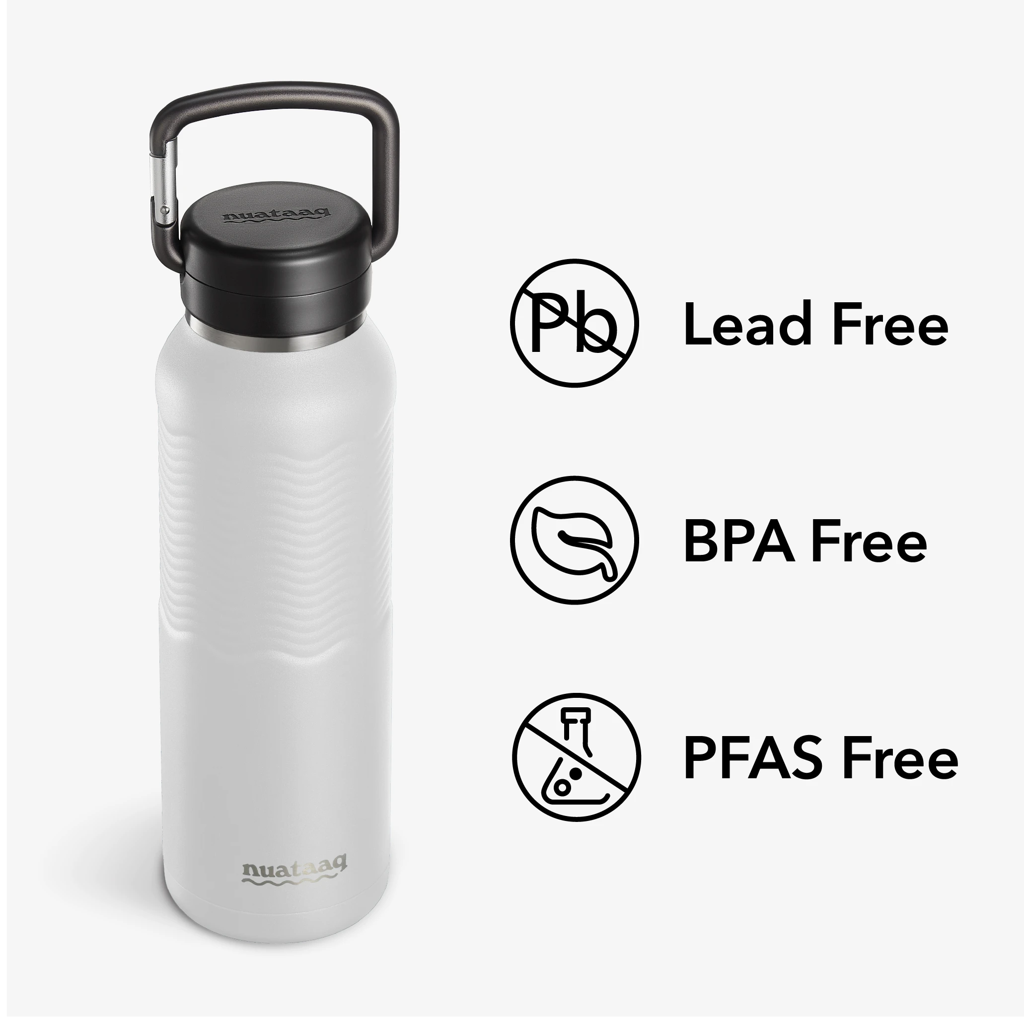 Nuataaq Connect™ Carabiner Bottle in mist gray with icons and text showing its verified lead free, BPA free, and PFAS free