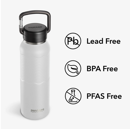 Nuataaq Connect™ Carabiner Bottle in mist gray with icons and text showing its verified lead free, BPA free, and PFAS free