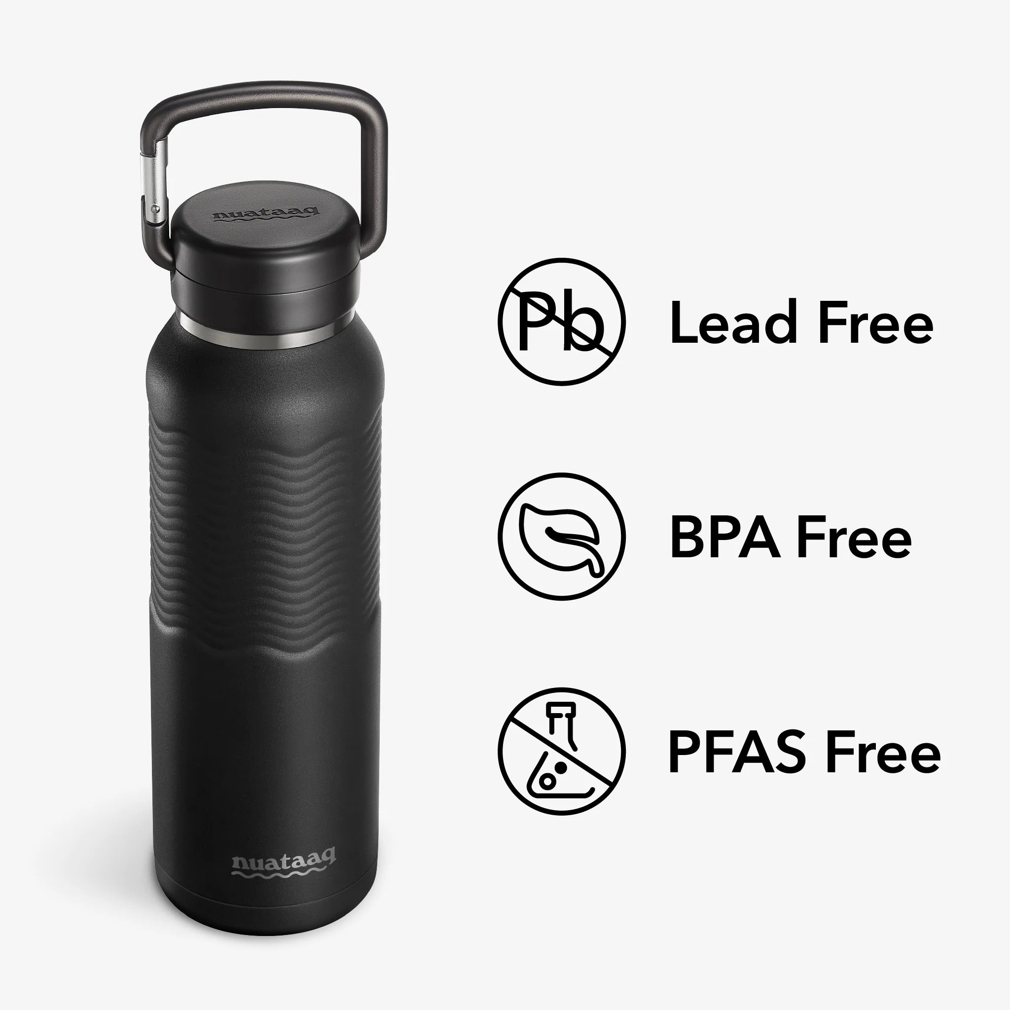 Nuataaq Carabiner Bottle in obsidian with icons and text showing its verified lead free, BPA free, and PFAS free