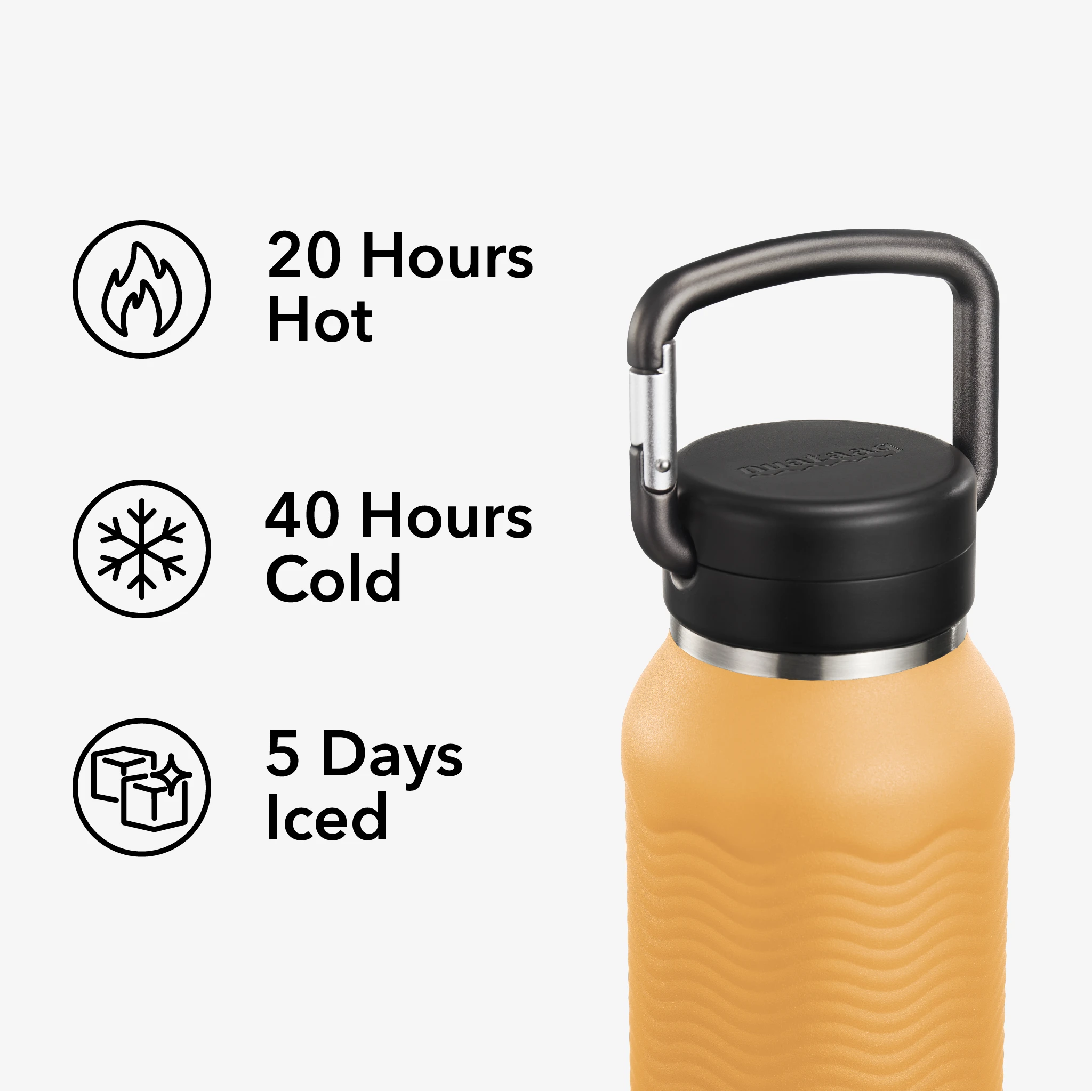 Nuataaq Connect™ Carabiner Bottle in goldenrod shown with icons and text highlighting thermal performance: 20 hours hot, 40 hours cold, and 5 days iced
