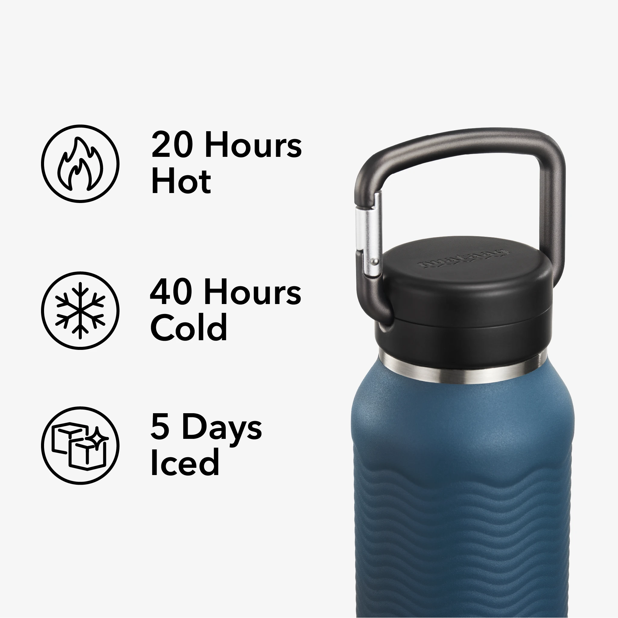 Nuataaq Connect™ Carabiner Bottle in lake blue shown with icons and text highlighting thermal performance: 20 hours hot, 40 hours cold, and 5 days iced