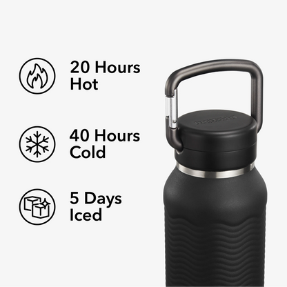 Nuataaq Connect™ Carabiner Bottle in obsidian shown with icons and text highlighting thermal performance: 20 hours hot, 40 hours cold, and 5 days iced
