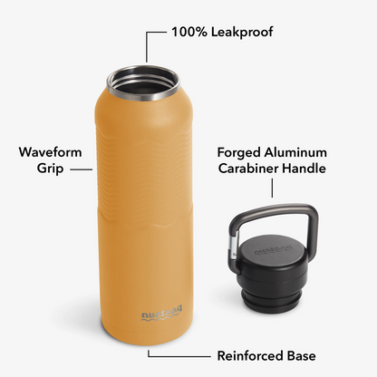 Nuataaq Connect™ Carabiner Bottle in goldenrod shown with lid removed, highlighting key features: 100% leakproof lid, forged aluminum carabiner handle, textured Waveform Grip, and reinforced base
