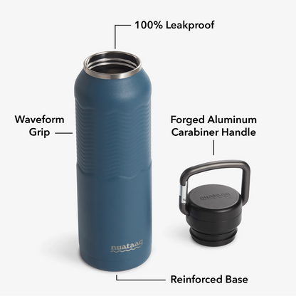 Nuataaq Connect™ Carabiner Bottle in lake blue shown with lid removed, highlighting key features: 100% leakproof lid, forged aluminum carabiner handle, textured Waveform Grip, and reinforced base