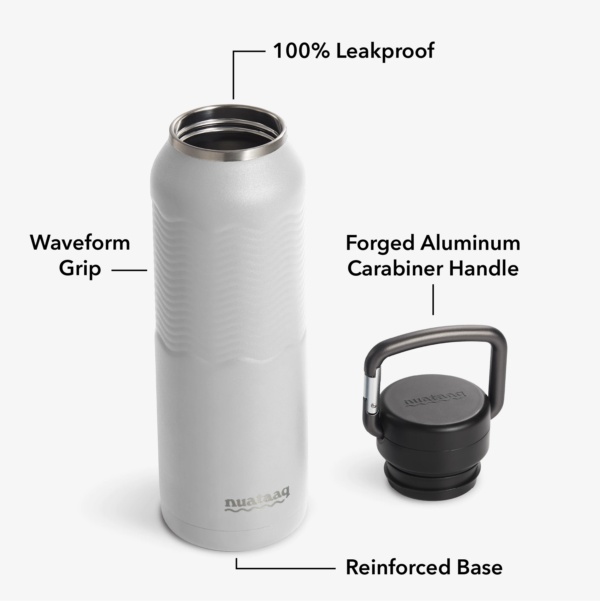 Nuataaq Connect™ Carabiner Bottle in mist gray shown with lid removed, highlighting key features: 100% leakproof lid, forged aluminum carabiner handle, textured Waveform Grip, and reinforced base