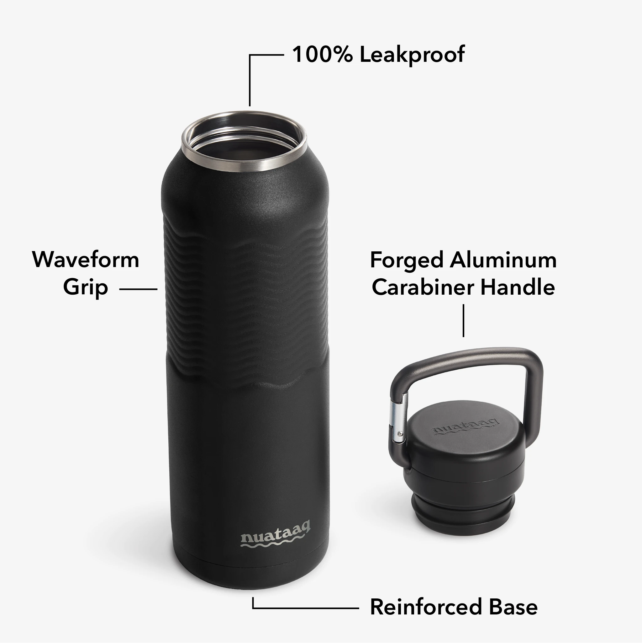 Nuataaq Connect™ Carabiner Bottle in obsidian shown with lid removed, highlighting key features: 100% leakproof lid, forged aluminum carabiner handle, textured Waveform Grip, and reinforced base