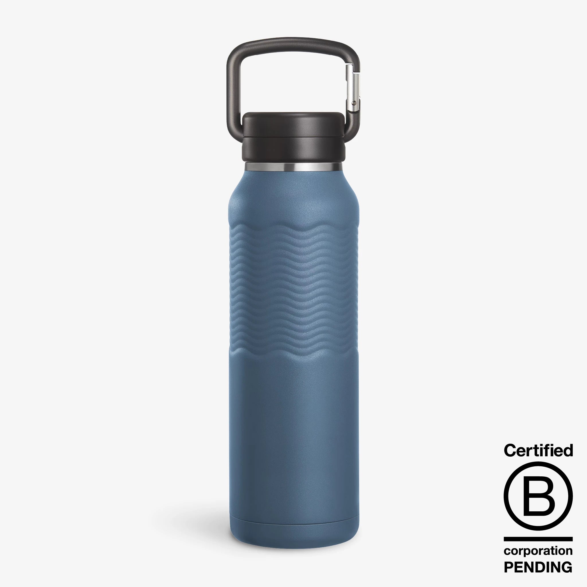 Nuataaq Connect™ Carabiner Bottle in lake blue next to a certified B Corp Pending badge