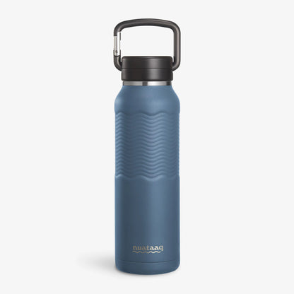 Nuataaq Connect™ Carabiner Bottle in lake blue featuring a patent pending forged aluminum carabiner lid and a patent pending textured Waveform Grip, standing up on a white background