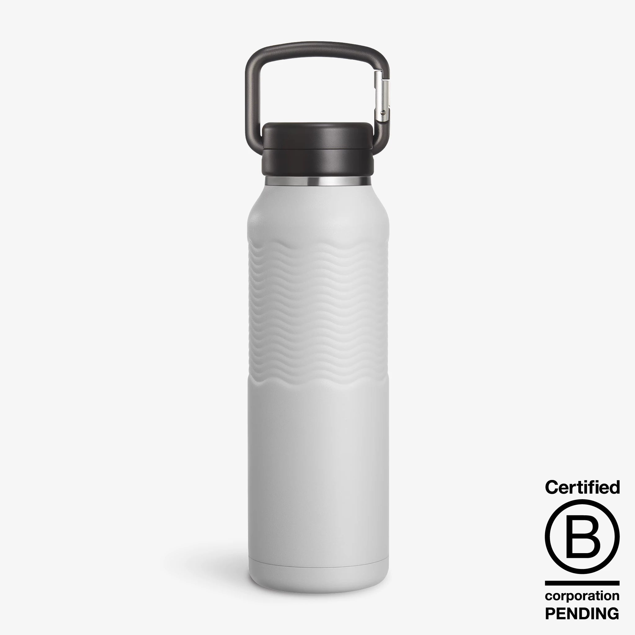 Nuataaq Connect™ Carabiner Bottle in mist gray next to a certified B Corp Pending badge