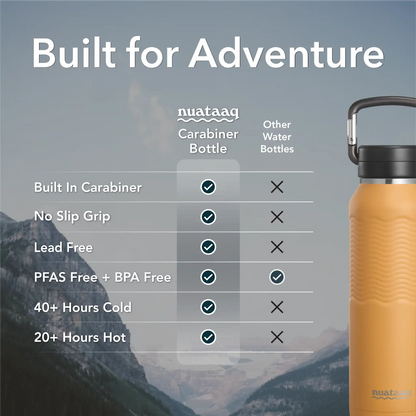 yellow carabiner water bottle with carabiner on a mountain background, showing features of nuataaq carabiner bottles.