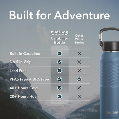 blue carabiner water bottle with carabiner on a mountain background, showing features of nuataaq carabiner bottles. 